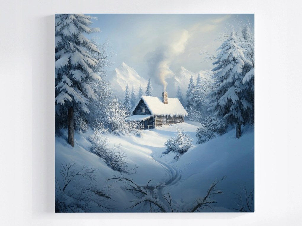 Poszter Tájkép Tél Hó Erdő Hegyek Ház Kunyhó Rönk 40x40