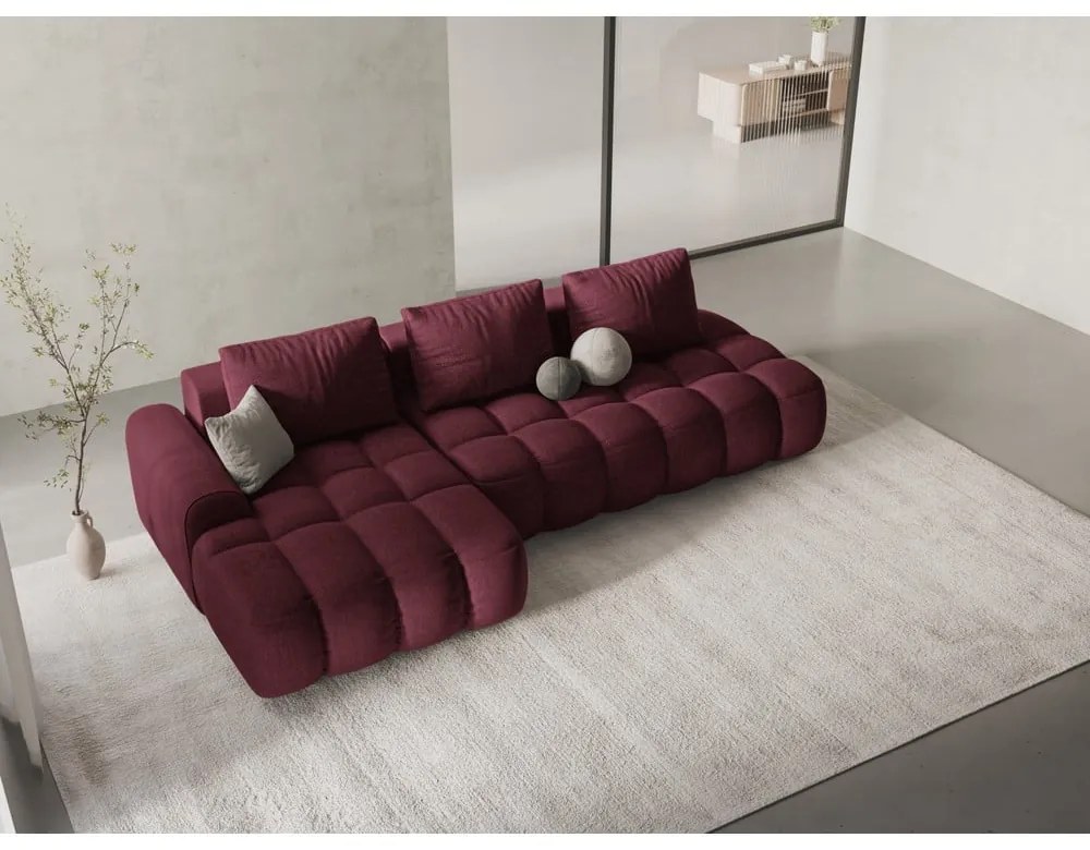 Borvörös kinyitható-tárolóhelyes sarokkanapé (bal oldali-heverő résszel) Linz – Cosmopolitan Design