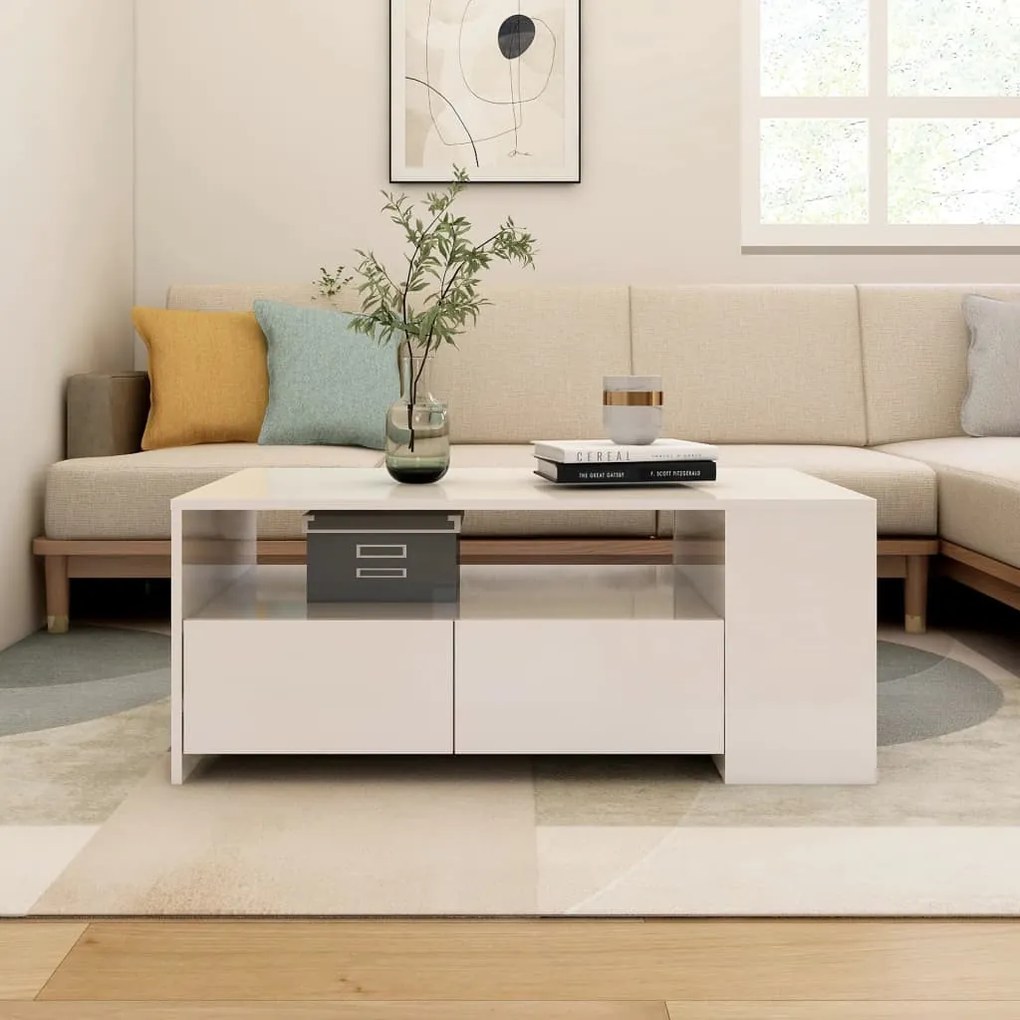 Magasfényű fehér szerelt fa dohányzóasztal 102 x 55 x 42 cm