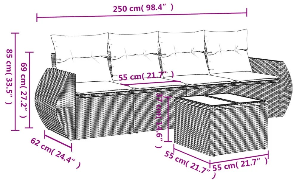 5 részes világosszürke polyrattan kerti ülőgarnitúra párnákkal