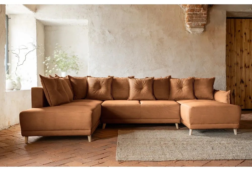 Téglavörös kordbársony kinyitható sarokkanapé (bal oldali-U alakú) Lazy Lukka – Miuform