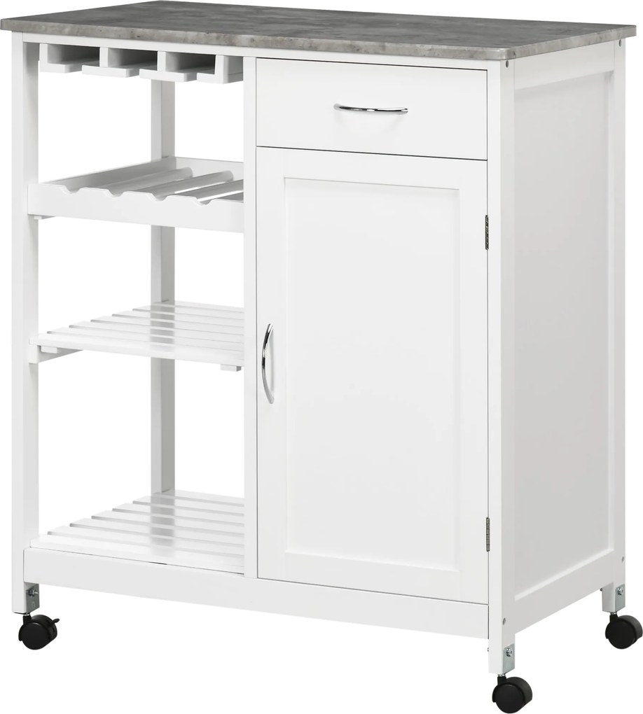 HOMCOM Konyhai Kocsi Kerekekkel, 1 Fiókkal, Levehető Polcokkal, 4 Palackos Borállvánnyal és Szekrénnyel, 40 kg Terhelhetőséggel, 76x48x88 cm, Fehér |