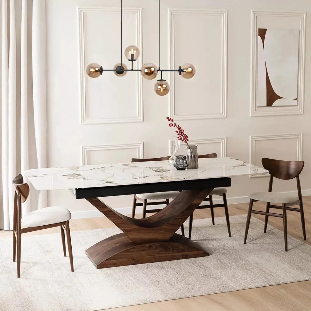 Bővíthető márványhatású kerámia étkezőasztal fehér/dió színben, ALICANTE 160–200 cm