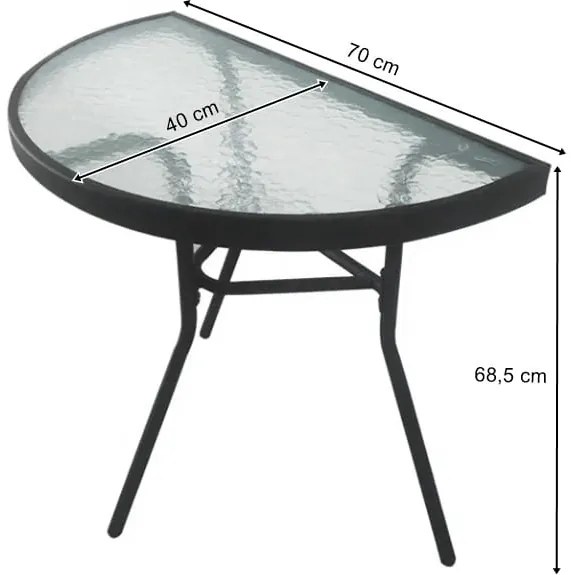 Kerti félkör alakú asztal üveglappal ISLAND 70x40 cm, fekete