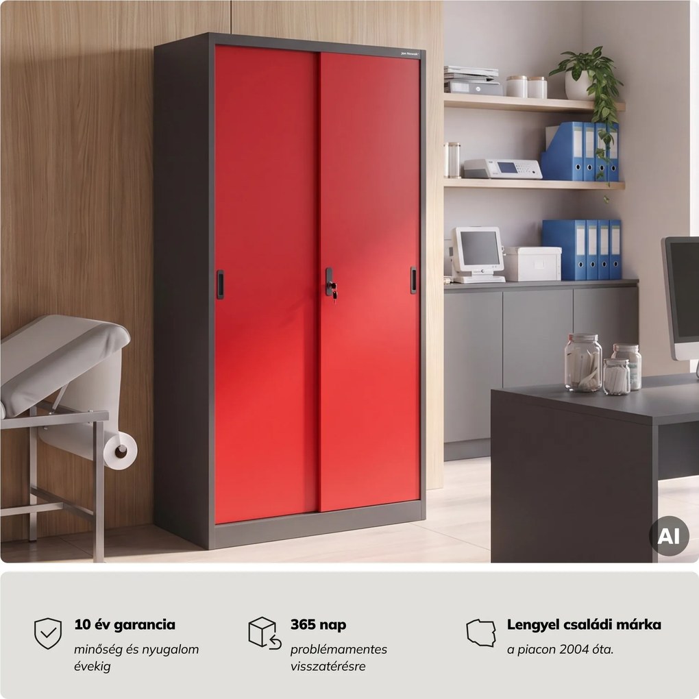Fém irodai szekrény tolóajtókkal, antracit-piros, 900x1850x400 mm: KUBA