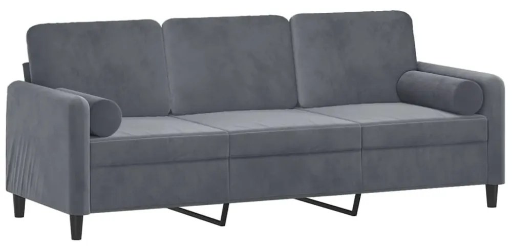 3 személyes sötétszürke bársony kanapé díszpárnákkal 180 cm