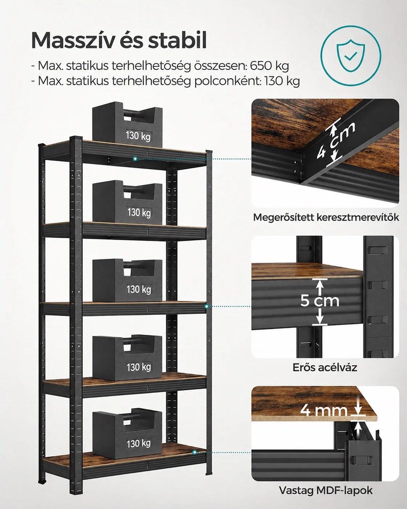 Nagy teherbírású tárolópolc, 5 állítható polccal, 650 kg teherbírás, 75 x 30 x 150 cm, rusztikus barna/fekete