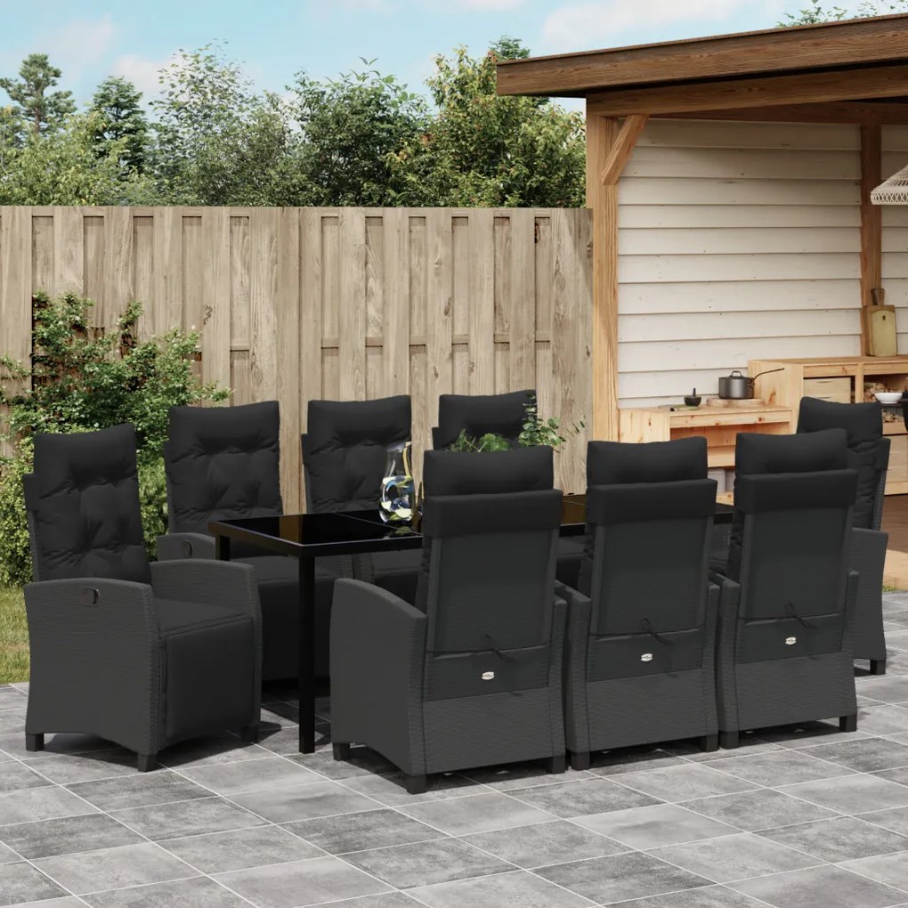 9 részes Kerti Étkezőszett Fekete Poly Rattan