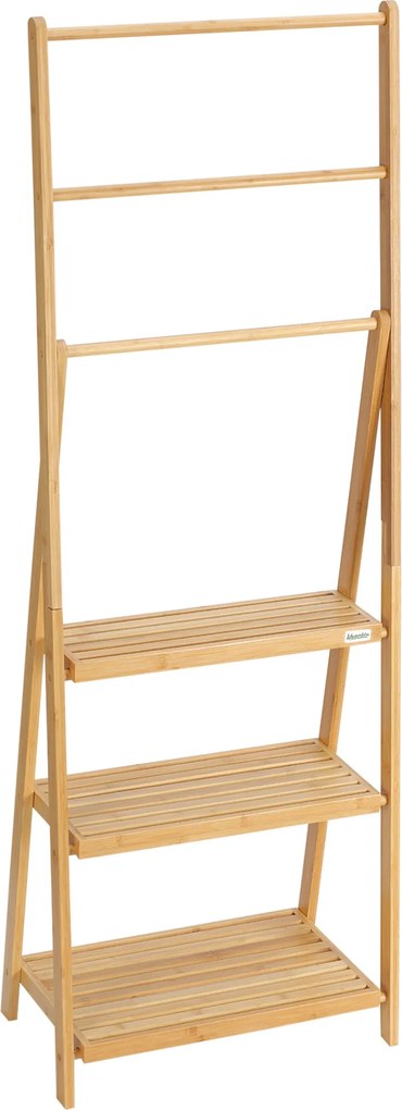 HOMCOM Bambusz Szabadonálló Törölközőtartó 3 Rúddal, Hajtogatható Létra Törölközőtartó 3 Tárolópolccal Fürdőszobához, Mosókonyhához 53x30.5x152 cm Ter