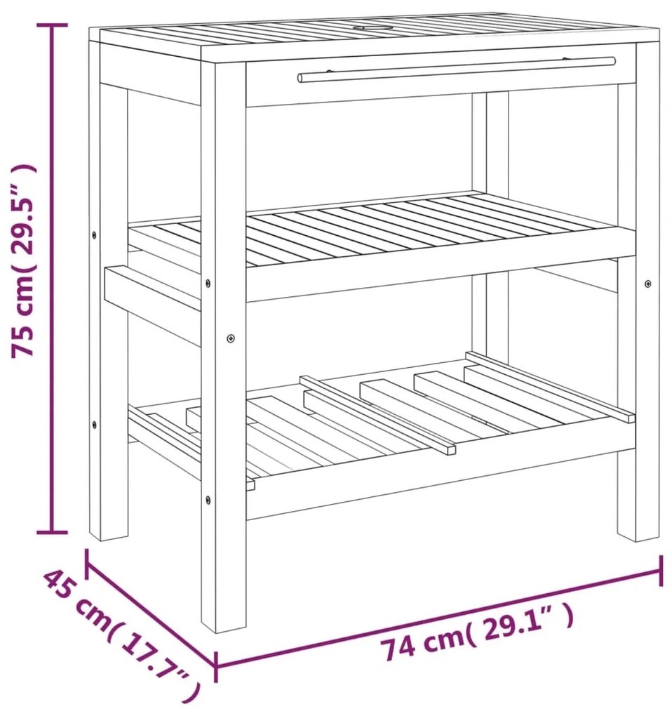 tömör fa fürdőszobai pipereszekrény 2 polccal 74 x 45 x 75 cm