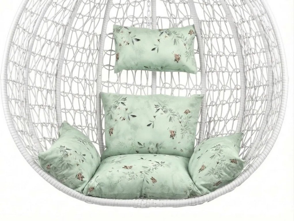 Fehér függő szék KOKON állvánnyal, világoszöld mintás párnával