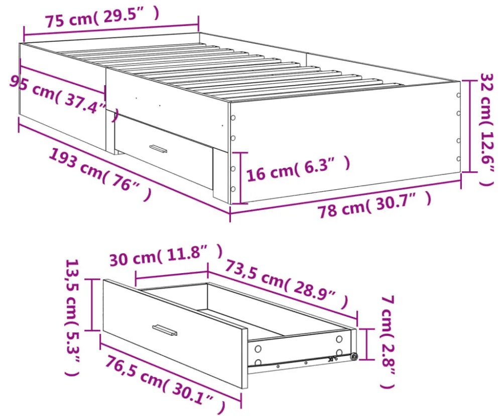 füstös tölgy színű szerelt fa ágykeret fiókokkal 75x190 cm