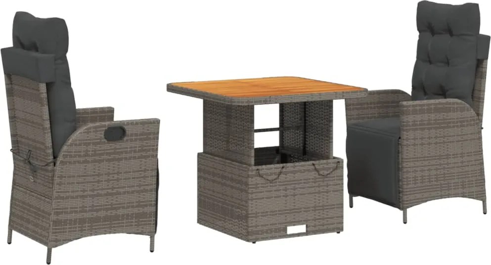 vidaXL 3 részes szürke polyrattan kerti étkezőgarnitúra párnával