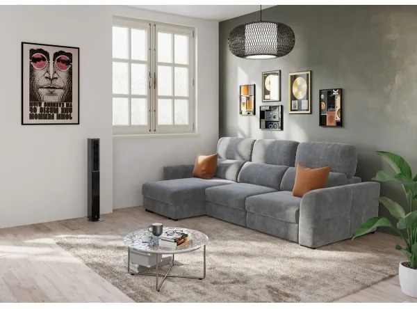 Univerzális ággyá nyitható háromszemélyes sarokkanapé tárolóval TRENTO szürke