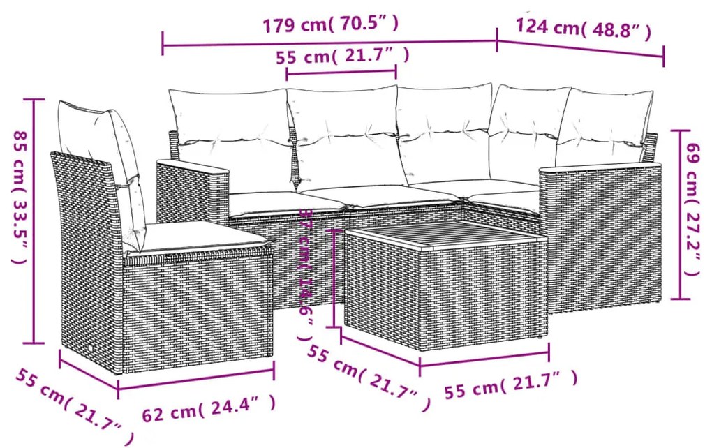 6 részes fekete polyrattan kerti ülőgarnitúra párnákkal