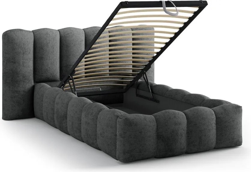 Sötétszürke kárpitozott ágyneműtartós egyszemélyes ágy ágyráccsal 90x200 cm Lupine – Micadoni