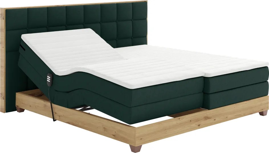 Elektromos állítható ágy, boxspring, zöld/artisan tölgy, 180x200, TIANA