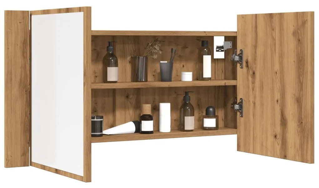 kézműves tölgy szerelt fa tükrösszekrény LED-del 90x12x45 cm