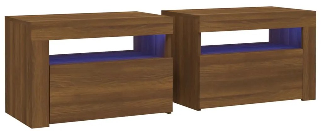 2 db barna tölgy színű éjjeliszekrény LED-ekkel 60x35x40 cm
