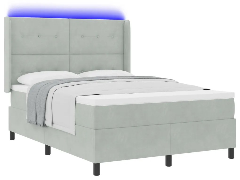 Boxspring Ágy Matrac + LED Fény Szürke 140x190 cm Bársony