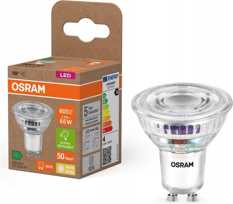 Led izzó GU10 3,3W 65W 600lm 2700K Meleg fehér Filament Osram