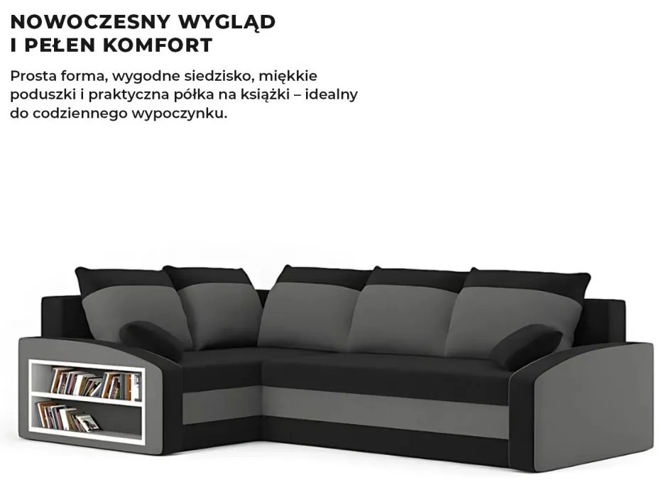 Grande sarokkanapé polcokkal , polc a bal karfaban, baloldali, szövet anyag, hab töltet, fekete - szürke