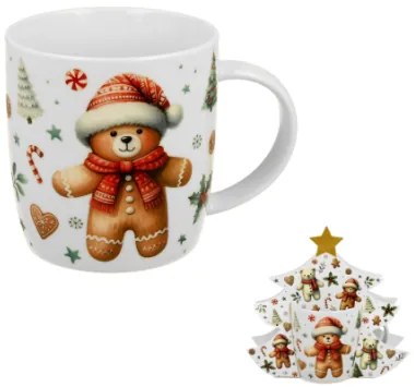 Karácsonyi porcelán bögre mézeskalács macis fenyőfa díszcsomagolásban 400 ml