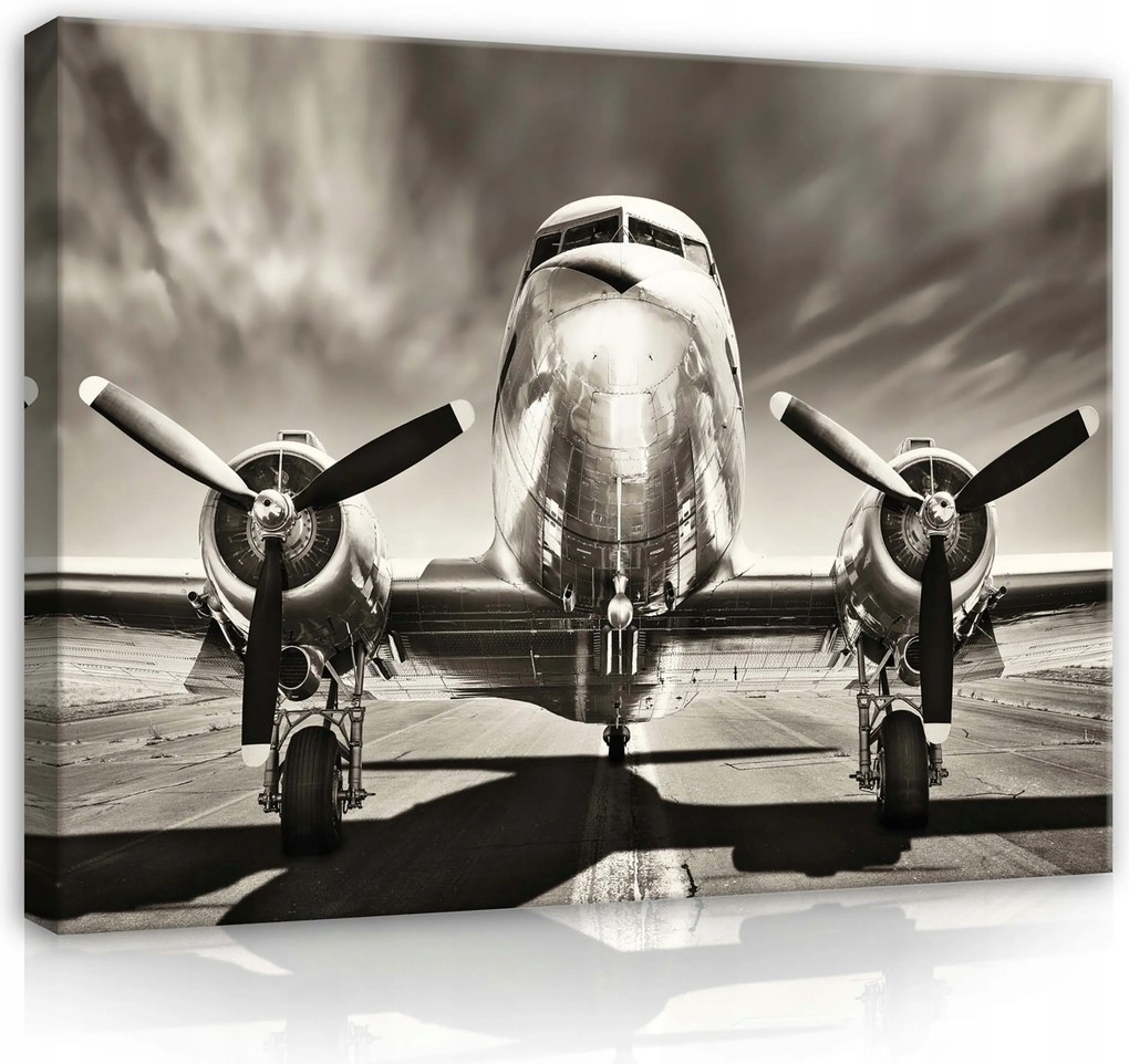 Vászonkép 100x80 Repülőgép Vintage retro repülés fekete-fehér aerodrom történelem