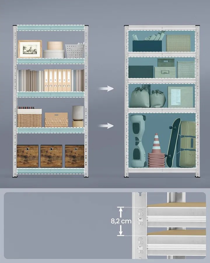 Nagy Teherbírású Tároló Polcok, 2 db-os, Garázs Polcrendszer, 40 x 90 x 180 cm, Ezüst