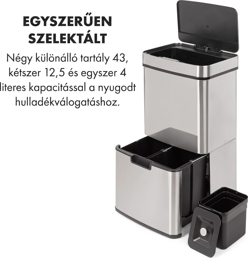 Klarstein Touchless, szemetes, szenzoros, 72 l, 4 tartály, ABS / PP / rozsdamentes acél