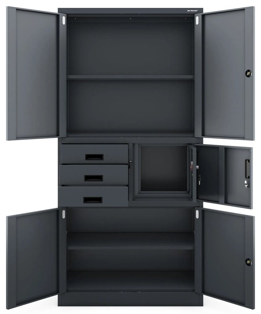 Fém iratszekrény széffel és fiókokkal FILIP II, 900 x 1850 x 400 mm, szürke