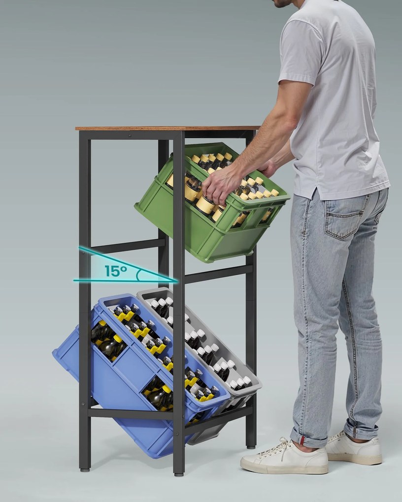 2 szintes, 4 rekeszes acél ital tároló állvány, vintage barna és fekete