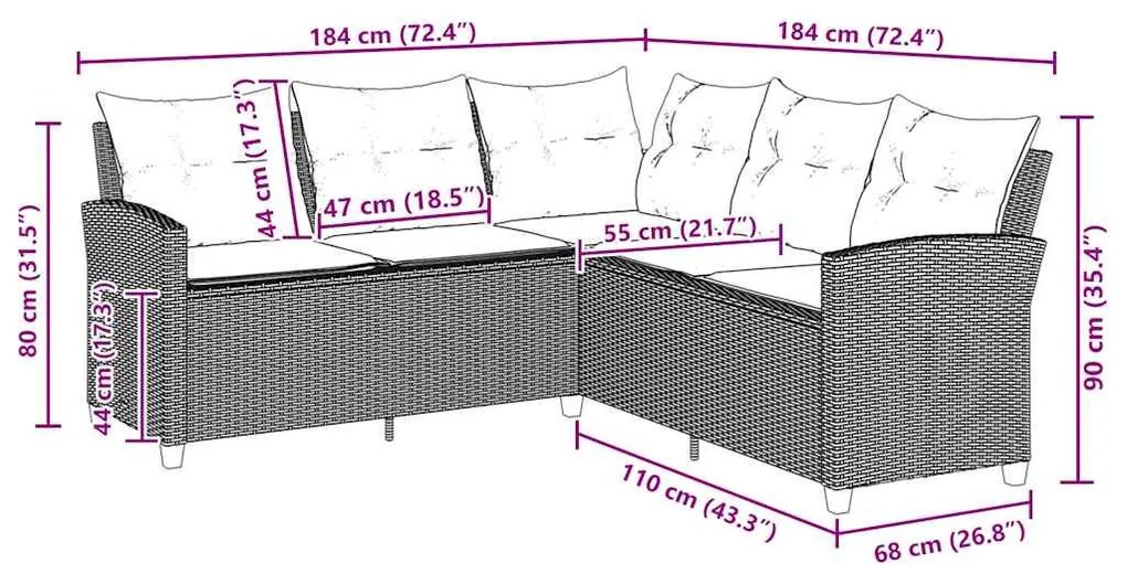 fekete polyrattan L-alakú kanapé párnákkal