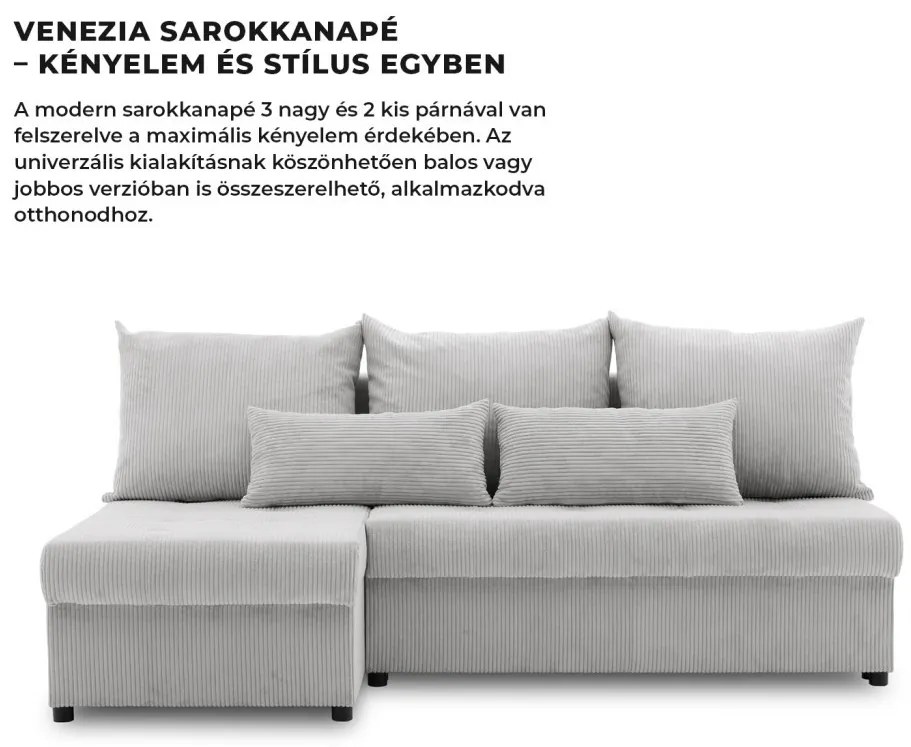 Venezia sarokkanapé, 3 ágyneműtartóval, kordbársony, univerzális oldal, hab töltet, szürke