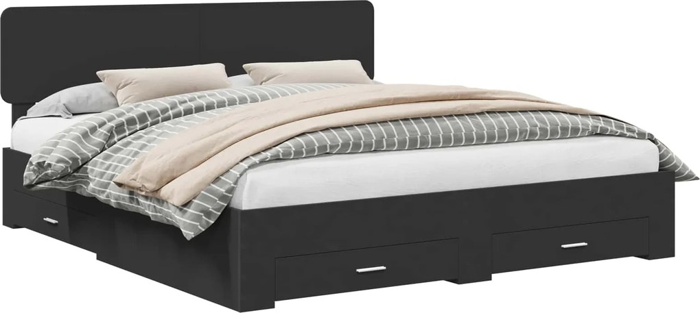 vidaXL Ágykeret fejtámlával fiókkal Fekete 200 x 200 cm Faanyag