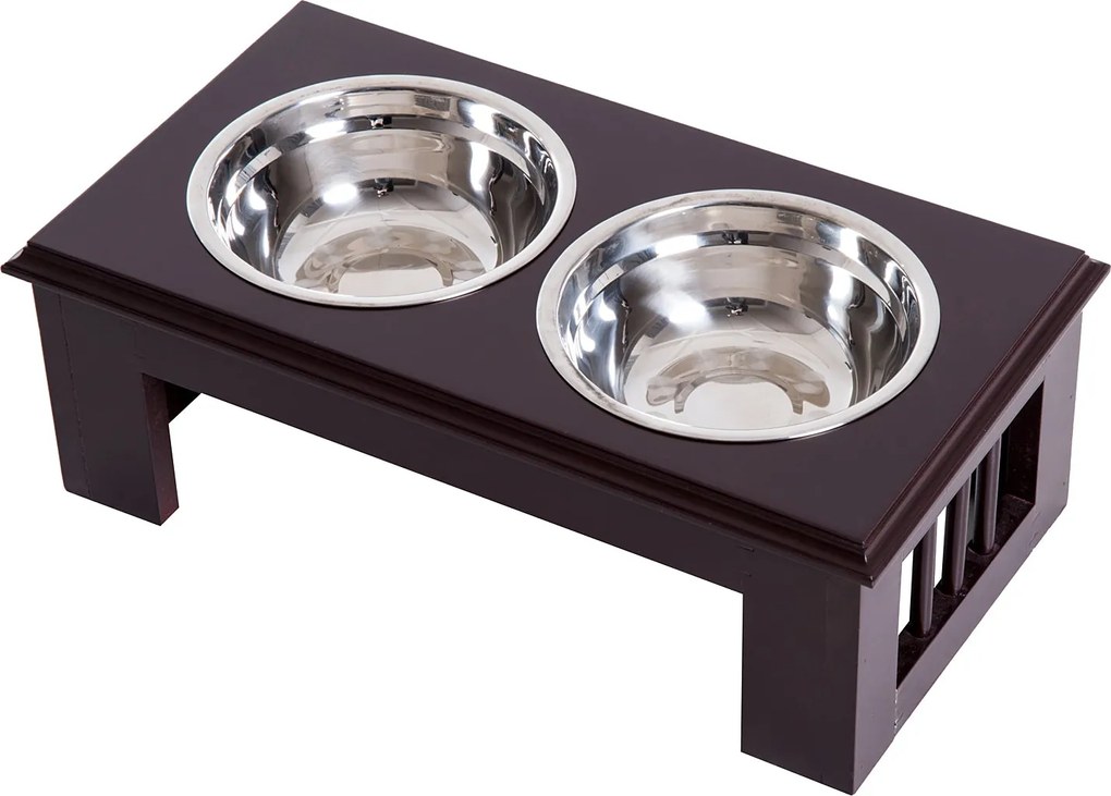 PawHut Magasított Kutyatápláló Állomás 2 Tálcával - 2 x 900ml Rozsdamentes Acél Tálak - Kutyák és Macskák Részére - Espresso | Aosom