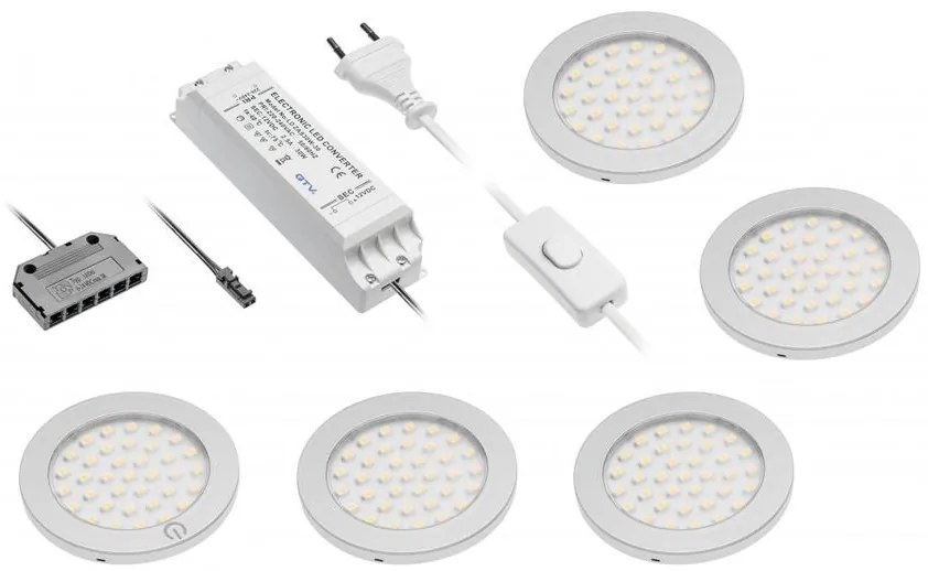 LED Lámpatest, CASTELLO 5-ös szett, meleg fehér, 67mm, 12V, 180lm, 14W, kábellel, csatlakozóval, érintő kapcsolóval, tápegységgel