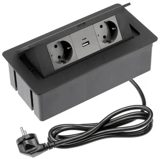 Konnektor, pultba süllyeszthető, fekvő, SOFT, 2x dugalj,2x USB A+C, 1,5 lábellel, fekete