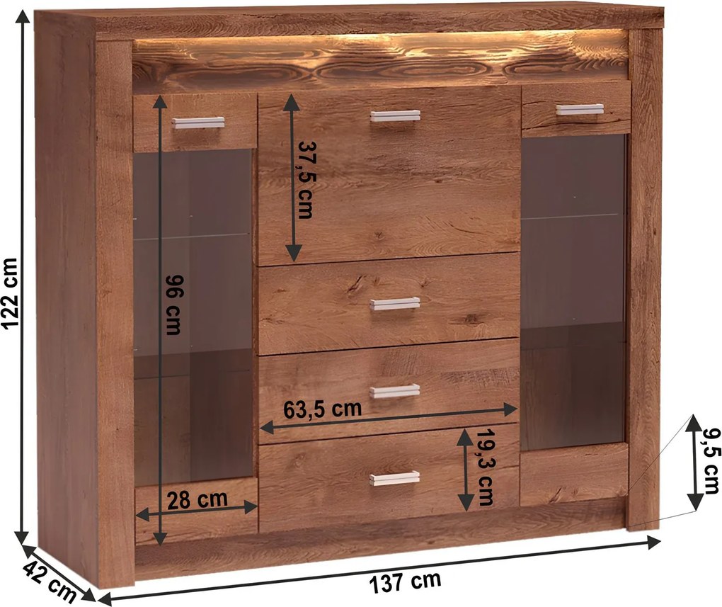 Vitrines komód, világos kőris, INFINITY 08