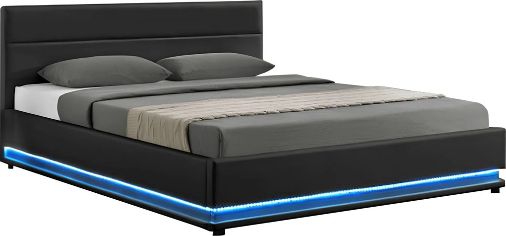 Ágy fehér világítással, fekete, 160x200, BIRGET NEW
