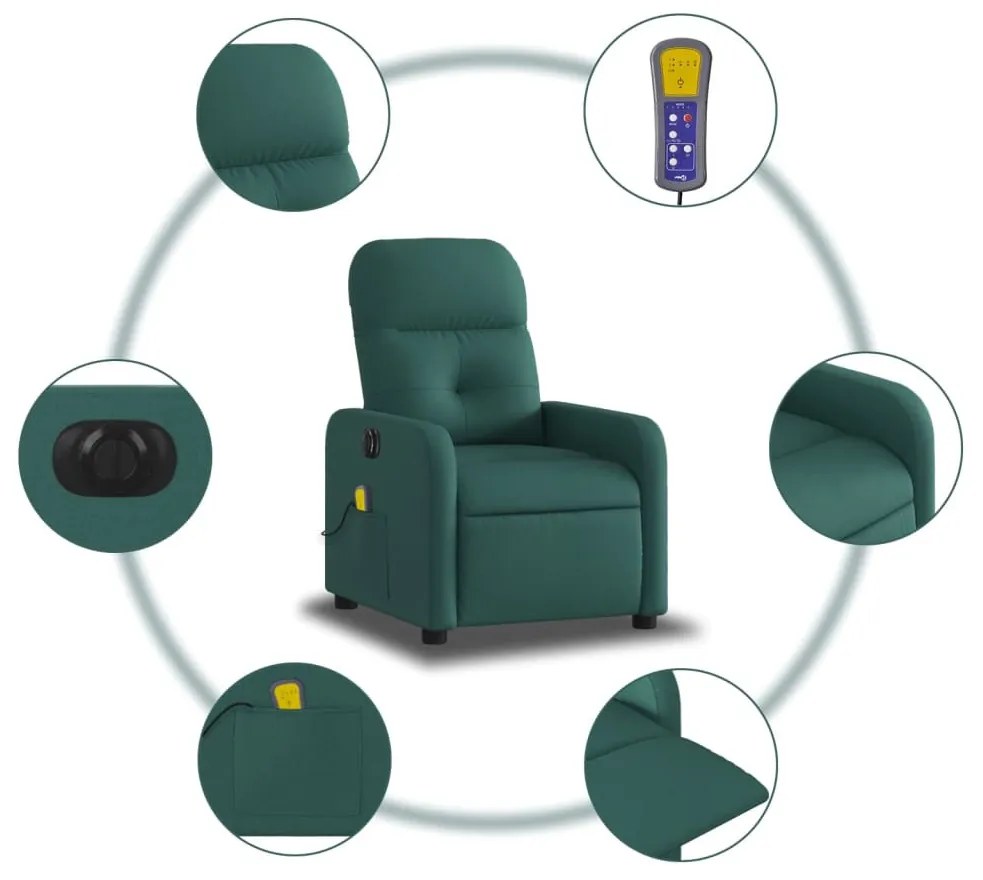 sötétzöld szövet elektromos dönthető masszázsfotel
