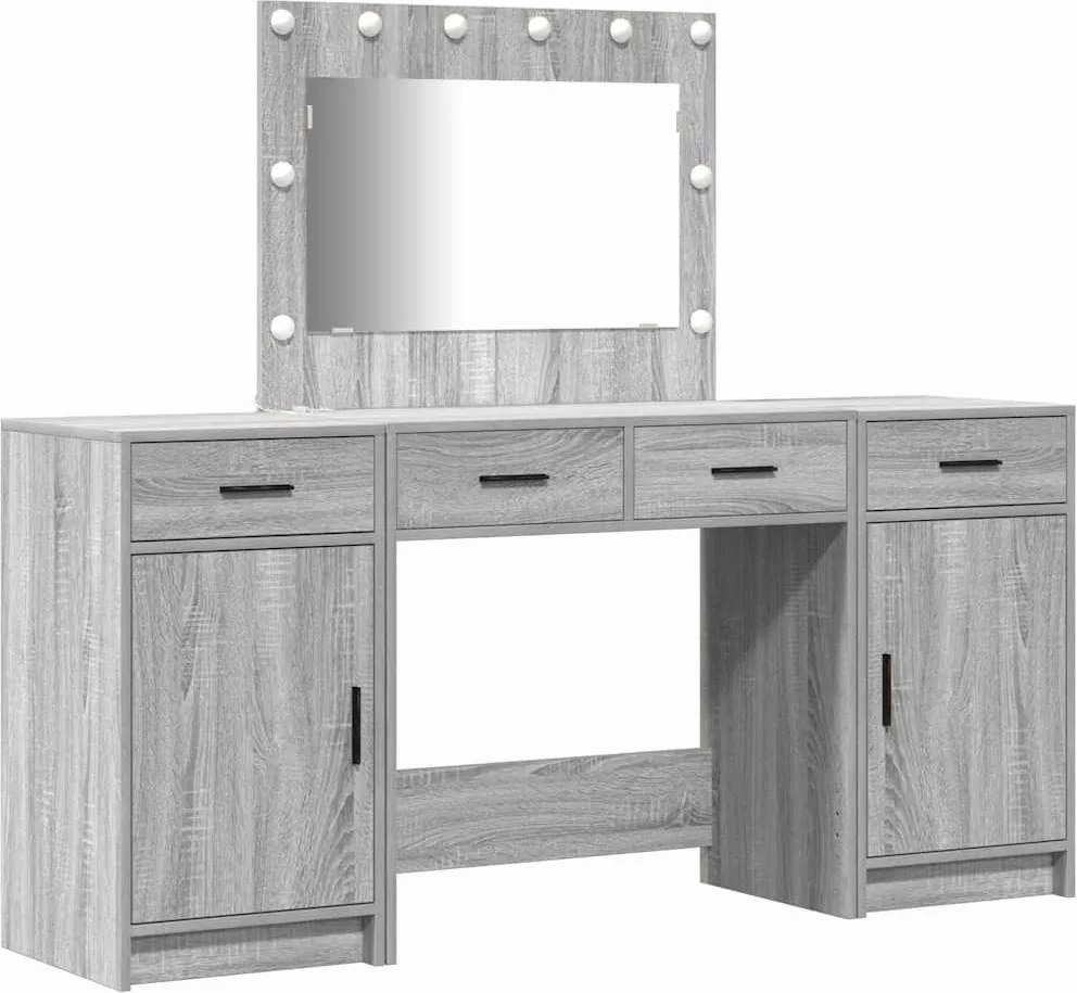 vidaXL Öltözködőasztal tükör lámpákkal fiókkal 3 pcs Szürke Faanyag