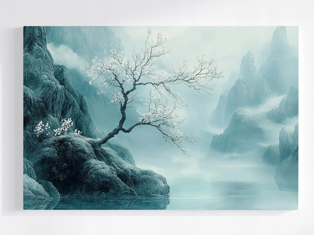 Poszter Hegyek Fa Tájkép Természet Köd Türkiz 60x40