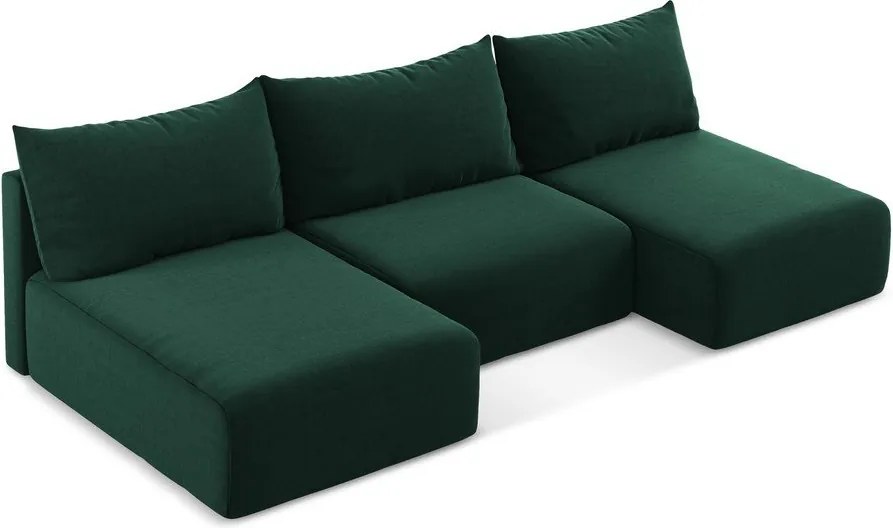 Sötétzöld bársony kinyitható-tárolóhelyes sarokkanapé (U alakú) Kalena – Makamii