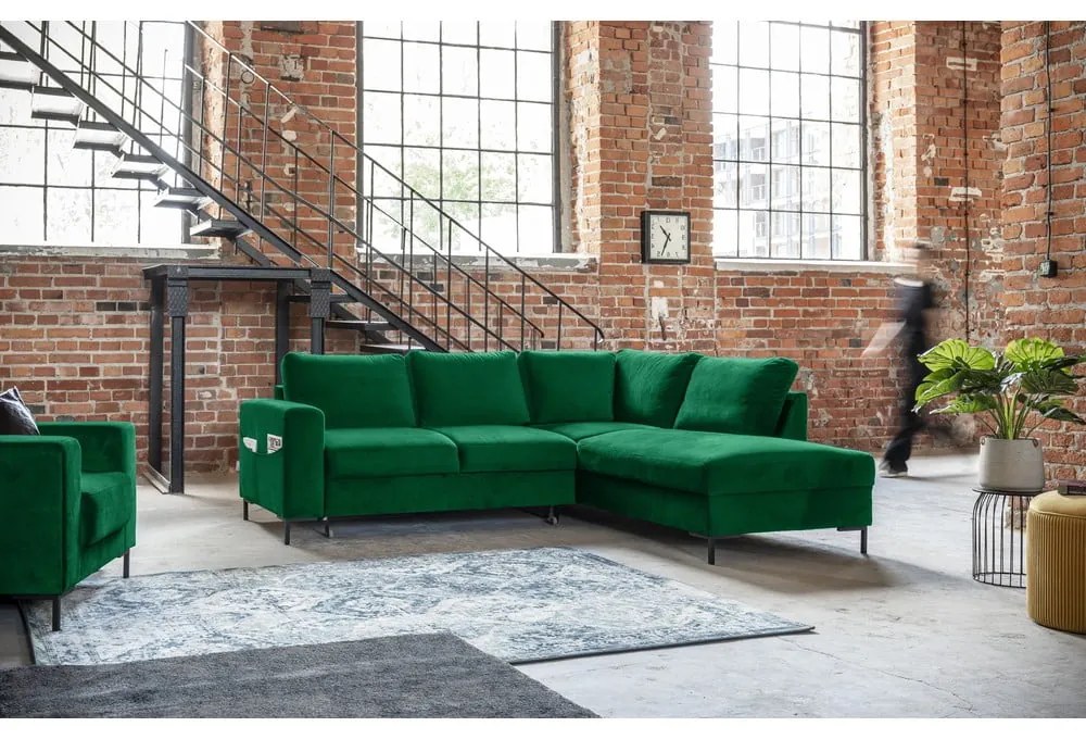 Sötétzöld bársony kinyitható sarokkanapé (jobb oldali) Lofty Lilly – Miuform