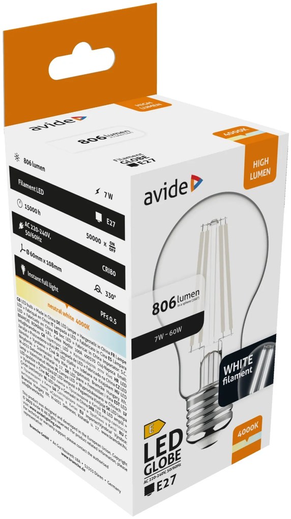 Avide LED White Filament Globe 7W E27 NW 4000K