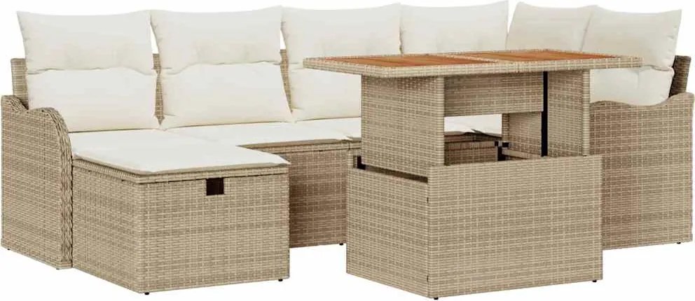 vidaXL Kerti Kanapé Szett párnával tárolóval 7 pcs Bézs polirattan