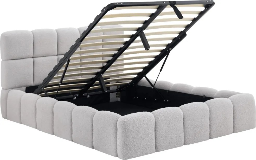 Ágy 140x200 cm méretben, ágyneműtartóval, szürke színben, bouclé kárpittal MURCJA