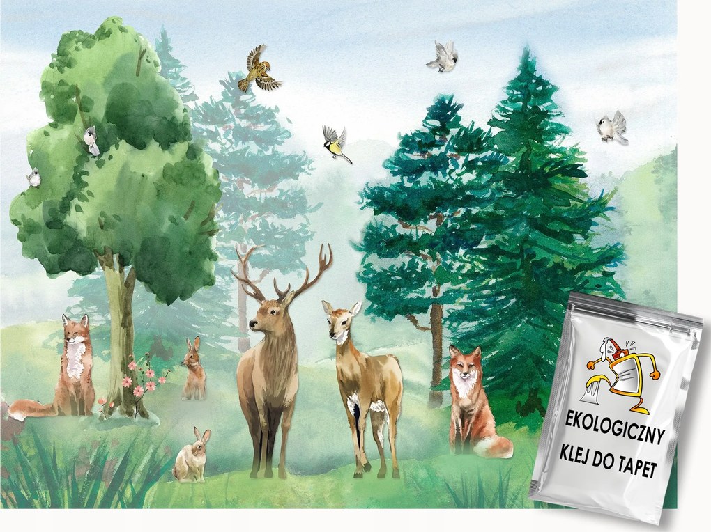 Fotótapéta Flizelina Erdő Fák Állatok Szarvas Róka Nyúl Madár 350x250 ragasztó