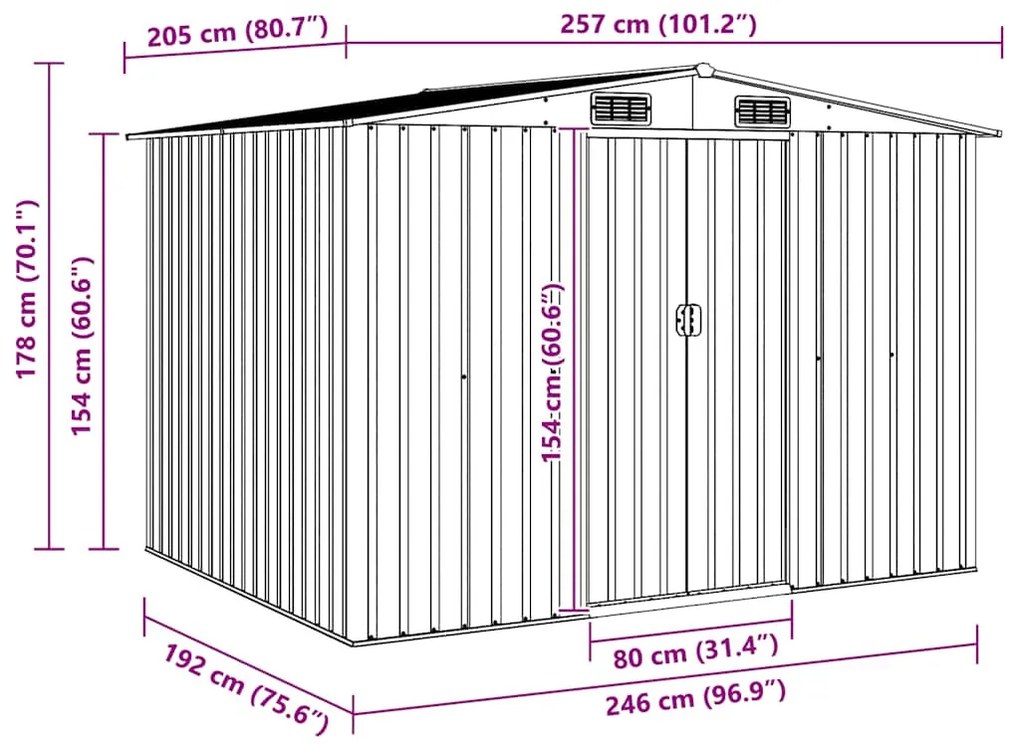 zöld fém kerti fészer 257 x 205 x 178 cm